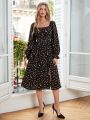 SHEIN Frenchy Valentine's Day Dress,French Floral Square-Neck Pleated Bubble Long-Sleeve Split Dress For The Summer