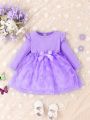 Baby Girls' Elegant Mesh Dress With Embroidered Butterfly Patch And Stripes