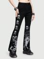 ROMWE Grunge Punk Women's Skull Slogan Print Flared Jeans