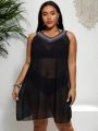 SHEIN Swim BohoFeel Plus Size Color Block Asymmetrical Hem Sleeveless Perspective Cover Up Dress