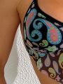 Women'S Backless Halter Neck Crop Top In Cashew Flower Print Swimsuit