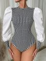 SHEIN Privé Houndstooth Print Puff Sleeve Bodysuit