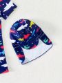 Baby Boy Shark Printed Zip-Front Short Sleeve Rashguard Swimsuit With Cap