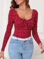 SHEIN Clasi Allover Printed Heart Pattern Sweetheart Collar T-shirt