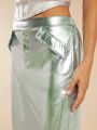 Asavvy Zipper Split Thigh Metallic Skirt