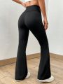 SHEIN EZwear Summer Black Solid Flare Leg Pants Flare Leggings