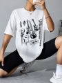 Guitar Slogan Printed Drop Shoulder Short Sleeve T-shirt