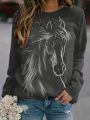 Plus Size Women's Round Neck Horse Printed Long Sleeve T-Shirt