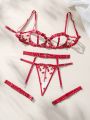 SHEIN 3pcs/set Heart Embroidery Hollow Out Bra, Thong, And Garter Set