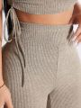 SHEIN PETITE Women's Fashionable Monochrome Cold Shoulder Crop Top And Long Pants Set