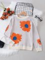 SHEIN Kids EVRYDAY Tween Girl Floral Pattern Contrast Trim Sweater