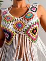 SHEIN Swim BohoFeel Back Strap Hollow Out Fringed Poncho