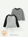 Cozy Cub Baby Boys' 2pcs/set Colorblock Round Neck Striped Sleeve Sweatshirt