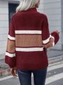 Color Block Drop Shoulder Half Zip Sweater