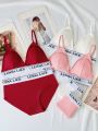 6pcs/Set Teenage Girls' Letter Print Bra And Panties With Woven Band