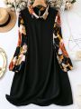 SHEIN LUNE Plus Size Print Patchwork Collar Long Sleeve Dress