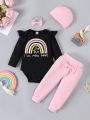 Baby Girl Rainbow & Slogan Graphic Ruffle Trim Bodysuit & Bow Front Sweatpants & Hat