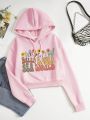 Floral & Letter Graphic Drawstring Thermal Lined Crop Hoodie