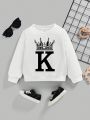 Baby Boy'S Casual Crown & Letter Print Long Sleeve Round Neck Sweatshirt, Suitable For Autumn And Winter