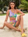 SHEIN Swim Vcay Allover Print Cut Out One Shoulder One Piece Swimsuit