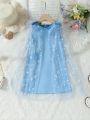 Little Girls' Fashionable Patchwork Mesh Cape Dress With Bow Decoration