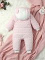 Baby Girl Heart Print 3D Ear Design Hooded Zipper Front Thermal Lined Jumpsuit