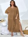 Plus Solid Batwing Sleeve Split Side Cover Up Dress