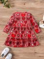 Fashionable Valentine's Day Heart Print Dress For Baby Girls, Sweet Princess Style