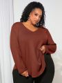 SHEIN CURVE+ Plus Size V-neck Waffle Pattern Long Sleeve T-shirt