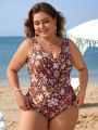 SHEIN Swim Classy Women's Plus Size One Piece Swimsuit With Floral Print And Wide Deep V Neckline