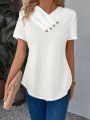 V-Neck Short Sleeve T-Shirt With Overlapping And Pleats Buttons Detailing