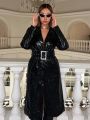 SHEIN ICON Shawl Collar Belted Patent PU Leather Long Coat