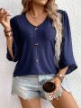 Plus Size Women'S V-Neck Button Detail T-Shirt