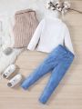 SHEIN Kids FANZEY Young Girls' Front Open Fuzzy Vest Jacket With Long Sleeve T-Shirt And Denim Effect Long Pants 2pcs/Set