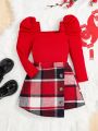 SHEIN Kids FANZEY Young Girl Square Neck Gigot Sleeve Tee & Plaid Print Asymmetrical Hem Skirt