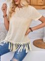 EMERY ROSE Women's Solid Color Waffle Fringed Tassel Crew Neck T-Shirt