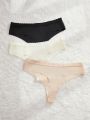 Women'S Knitted Patchwork Lace Trim Thong Panties Set With Three Pieces, For Everyday Wear