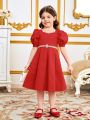 SHEIN Kids Nujoom Young Girl'S Casual Square Neck Bubble Sleeve Back Bowknot Dress