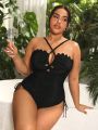 SHEIN Swim Basics Plus Size Drawstring Halterneck Criss Cross Side One Piece Swimsuit