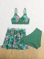 Tween Girls' Plant Printed Cross Halter Swimsuit Set