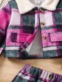 Toddler Girls' Fuzzy Decorated Plaid Jacket And Skirt Set For Autumn/winter