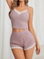 Lace Patchwork Suspender Pajama Set