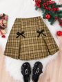 SHEIN Kids CHARMNG Girls' Plaid Skirt With Bow Decor For Teenagers