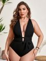 SHEIN Swim Basics Plus Size Deep V-Neck Backless One-Piece Swimsuit