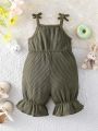 Infant Girls' Casual Solid Color Ruffle Hem Footed Romper, Suitable For Traveling