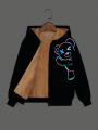SHEIN Tween Girls' Night Luminous Teddy Bear Print Fleece Lined Casual Jacket
