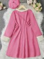 Girls' Plush Collar Corduroy Dress With Hat And Bag, Warm And Elegant, For Autumn/winter