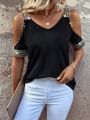 Off-Shoulder Neckline Beaded V-Neck T-Shirt