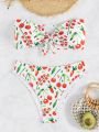 SHEIN Swim Mod Cherry Print Knot Front Bandeau Bikini Swimsuit