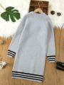 SHEIN Kids EVRYDAY Tween Girl Cat Pattern Striped Trim Raglan Sleeve Sweater Dress